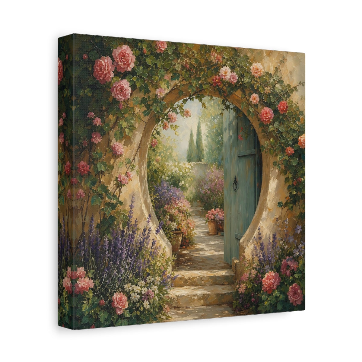 Side Mockup 9. Muted Tonal Painting Garden Doorway With Flowering Vines shown as stretched canvas wall art