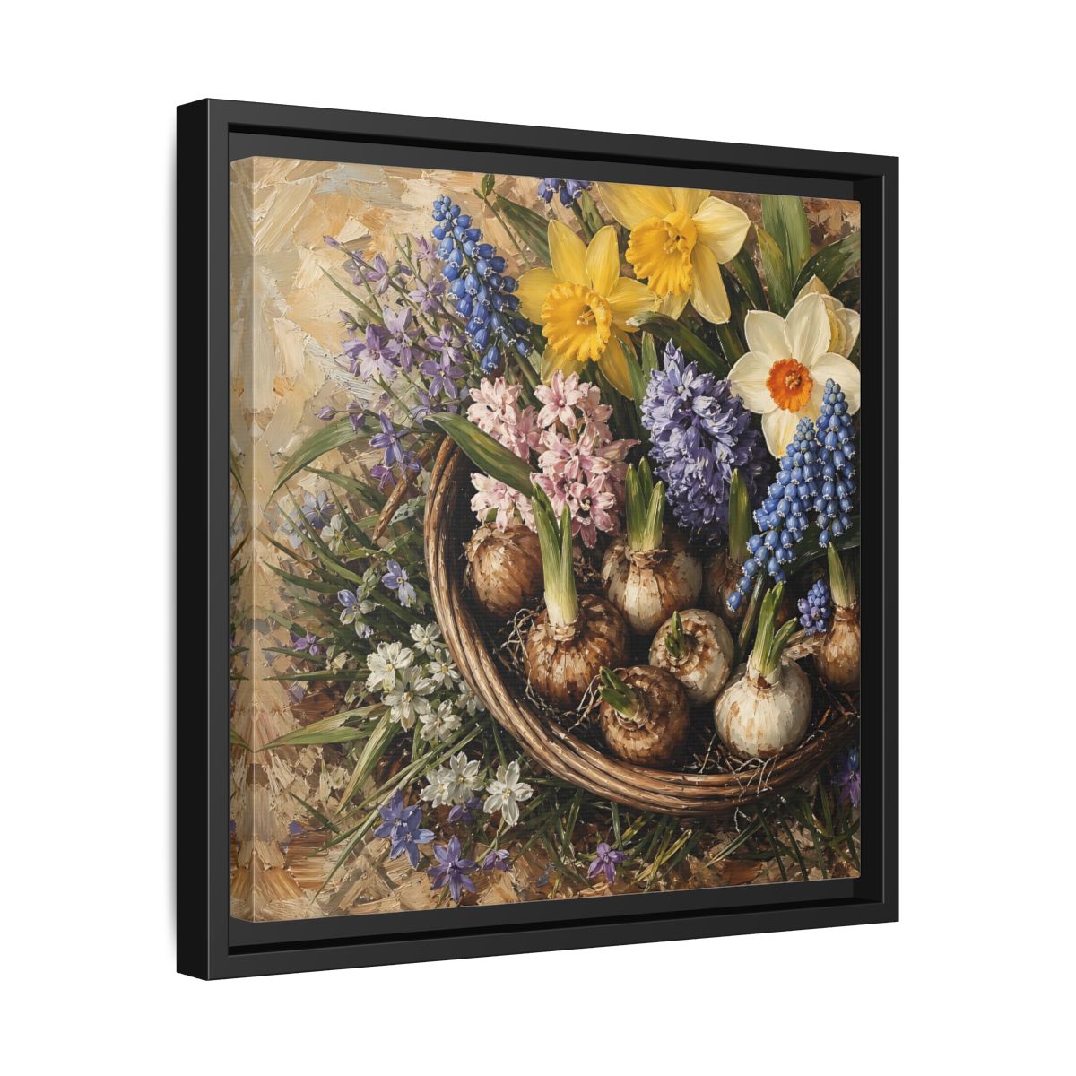 Side Mockup 32. Muted Tonal Painting Spring Bulbs In Shallow Basket shown as stretched canvas wall art