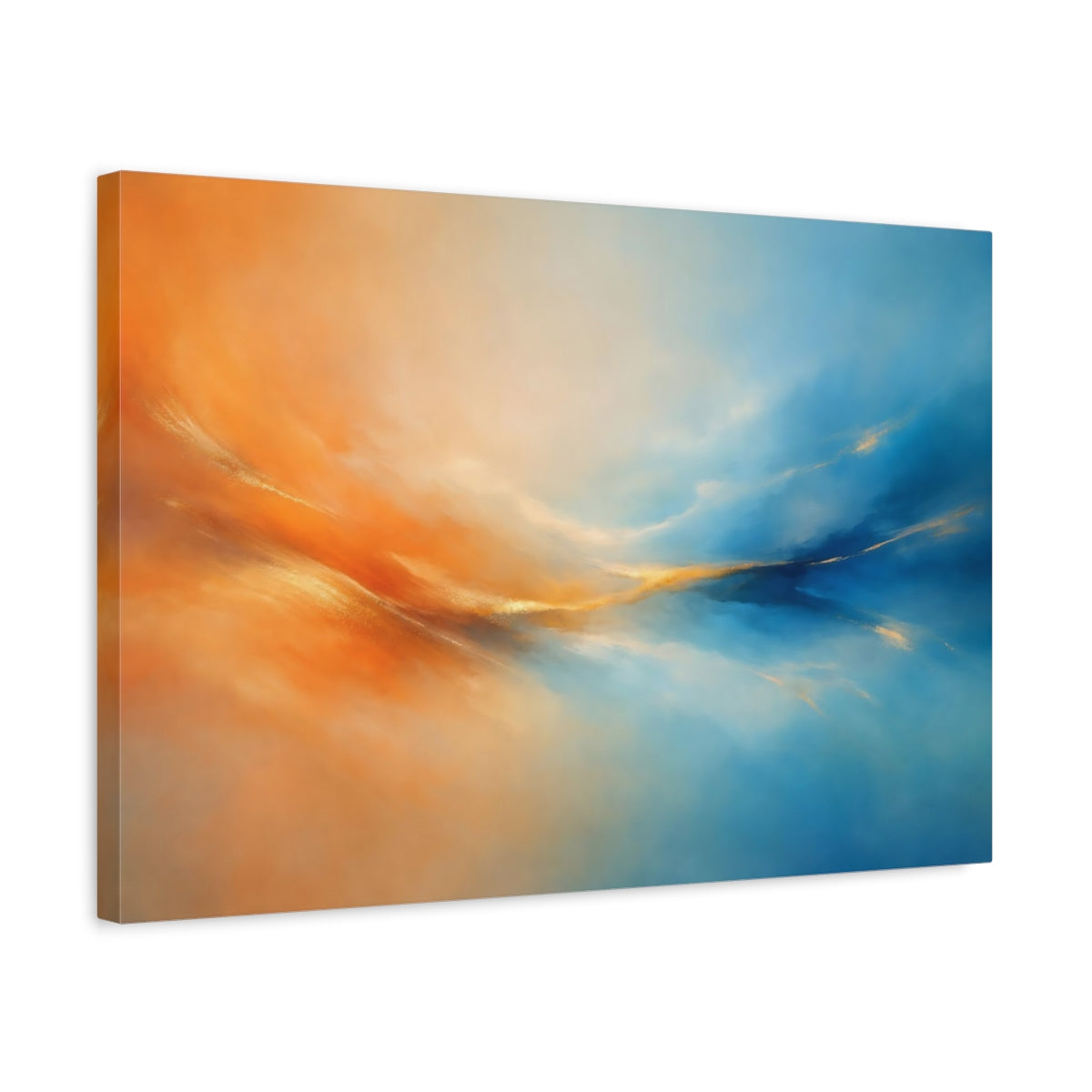 Side Mockup 3. Nature Abstract Flow Orange Blue Gold shown as stretched canvas wall art
