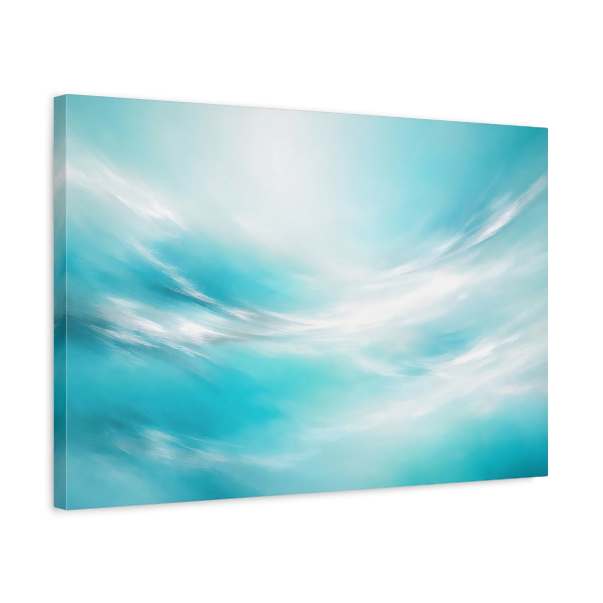 Side Mockup 3. Nature Abstract Sky Teal And White shown as stretched canvas wall art