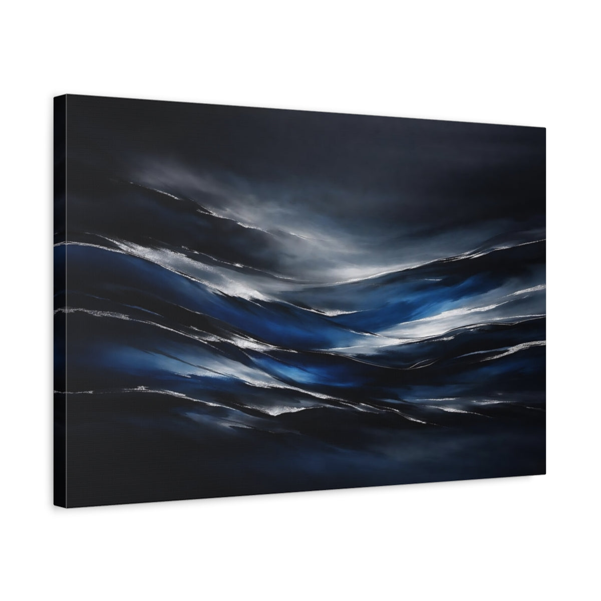 Side Mockup 3. Nature Abstract Waves Dark Blue Silver shown as stretched canvas wall art