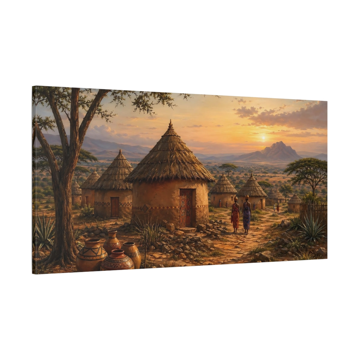 Side Mockup 2. Nature African Village African Village Sunset shown as stretched canvas wall art