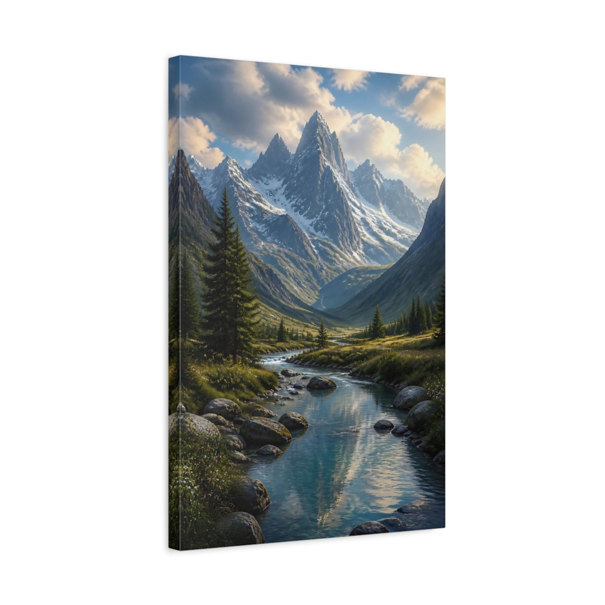 Side Mockup 3. Nature Alpine Valley Green Blue Mountain shown as stretched canvas wall art