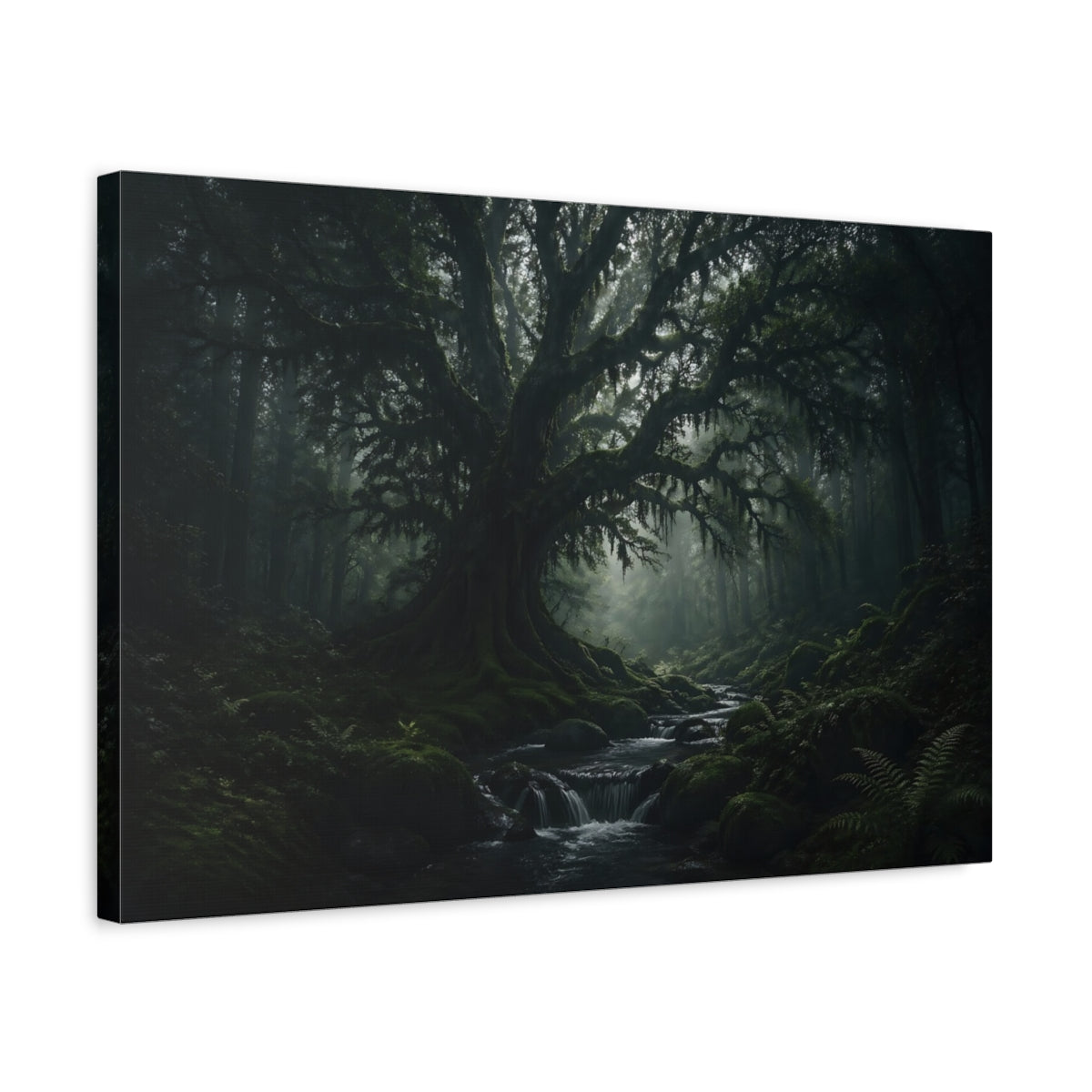 Side Mockup 3. Nature Ancient Tree Dark Green Forest shown as stretched canvas wall art