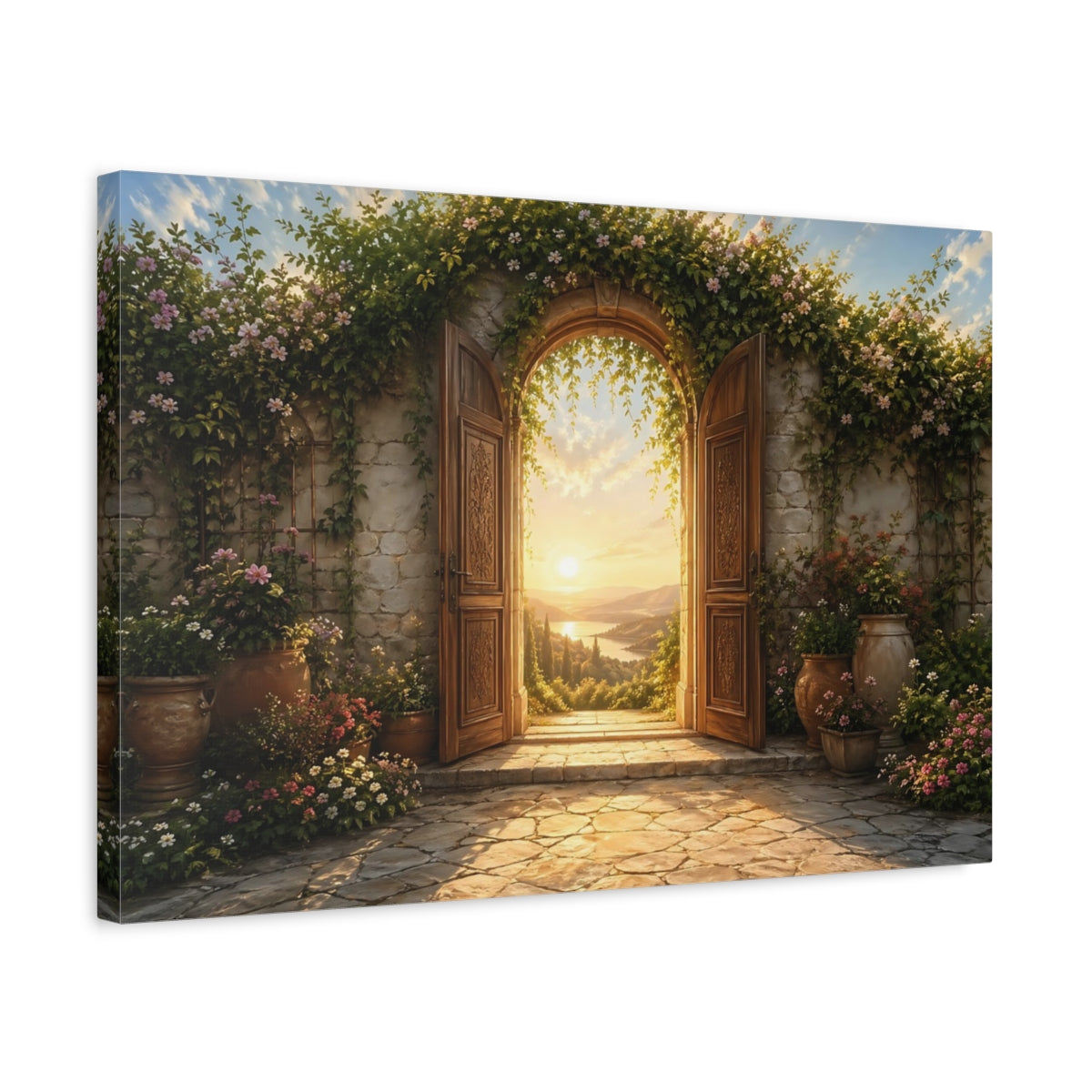 Side Mockup 3. Nature Arched Doorway Golden Garden View shown as stretched canvas wall art