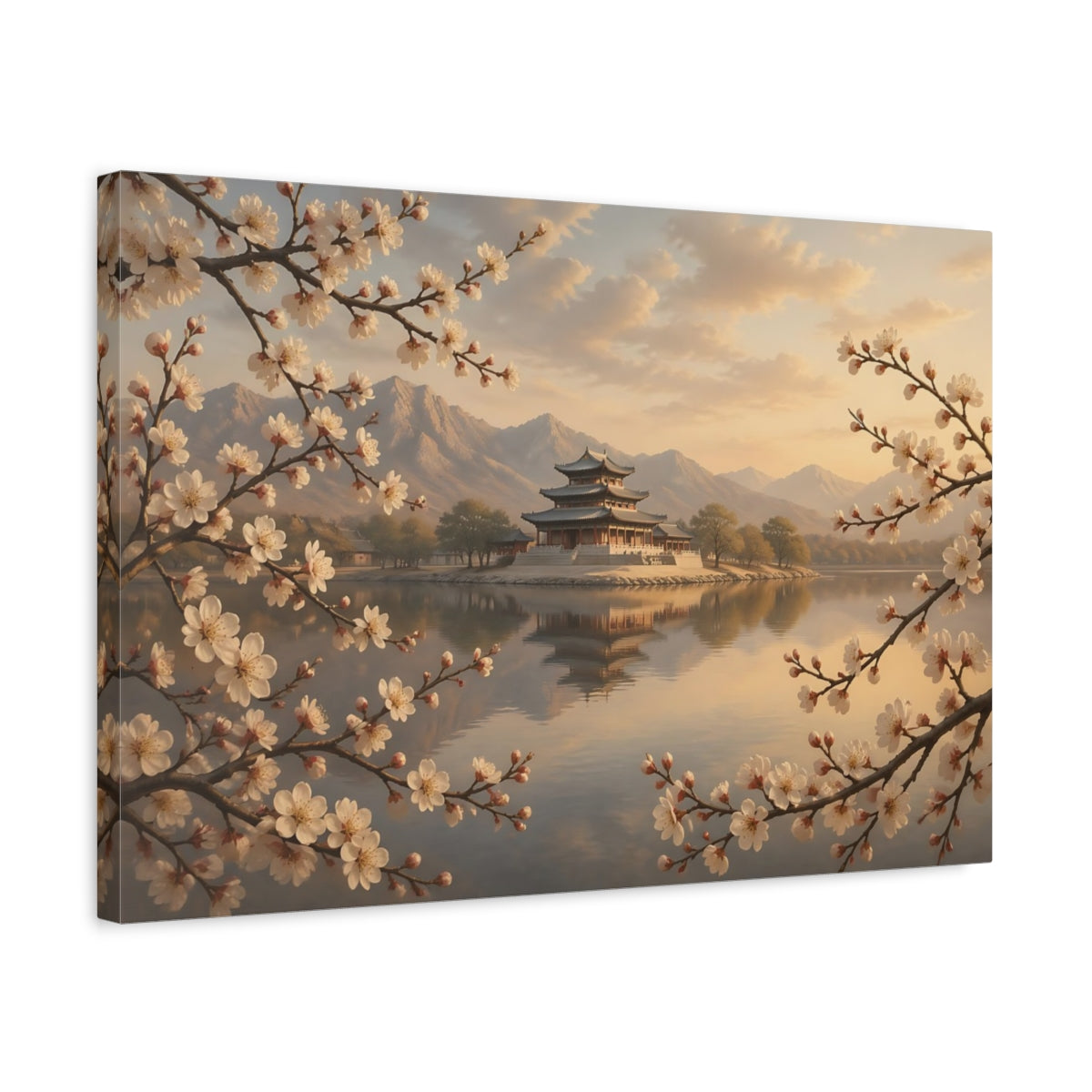 Side Mockup 3. Nature Asian Temple Cherry Blossom Temple shown as stretched canvas wall art