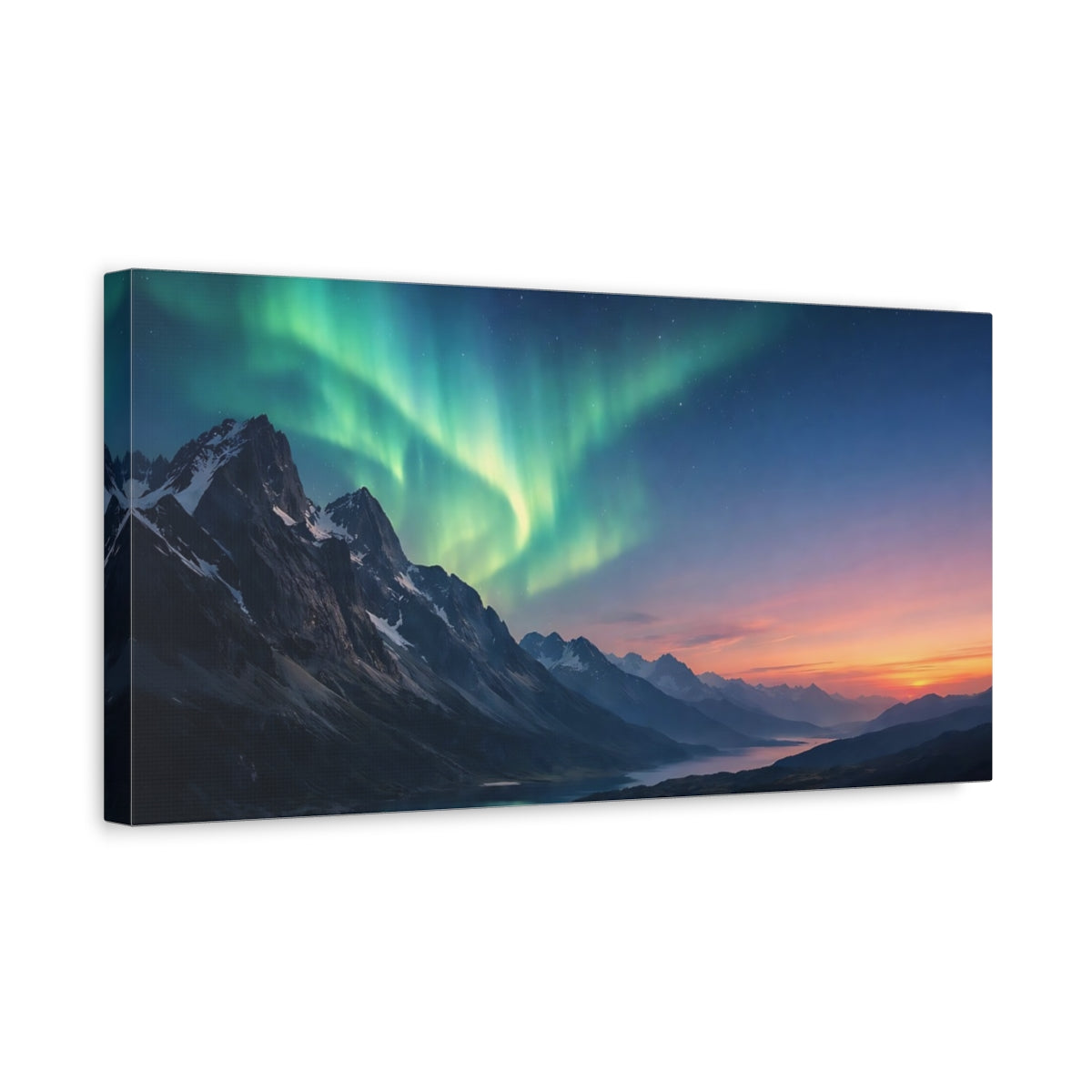Side Mockup 3. Nature Aurora Borealis Green Aurora Landscape shown as stretched canvas wall art
