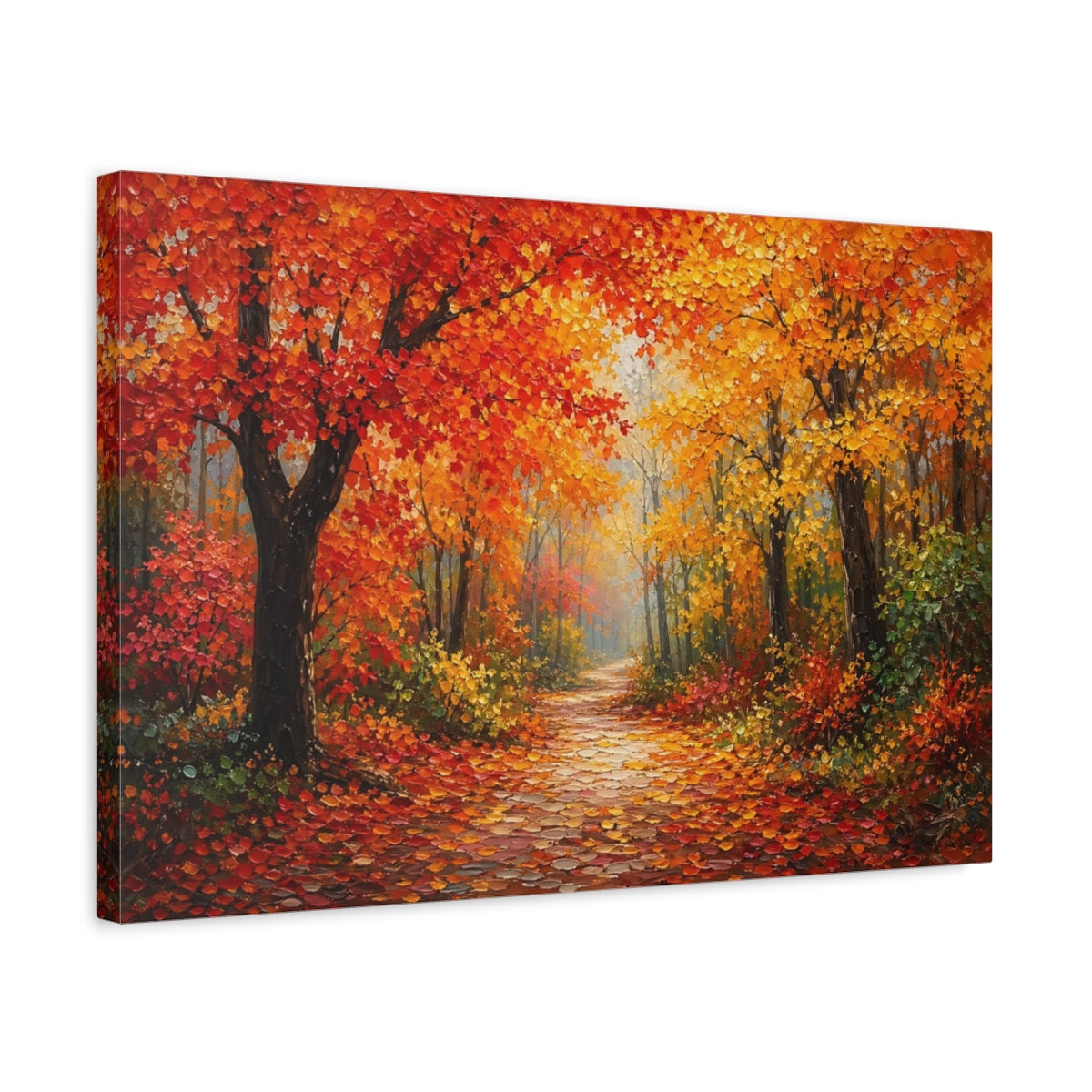 Side Mockup 3. Nature Autumn Forest Autumn Path shown as stretched canvas wall art