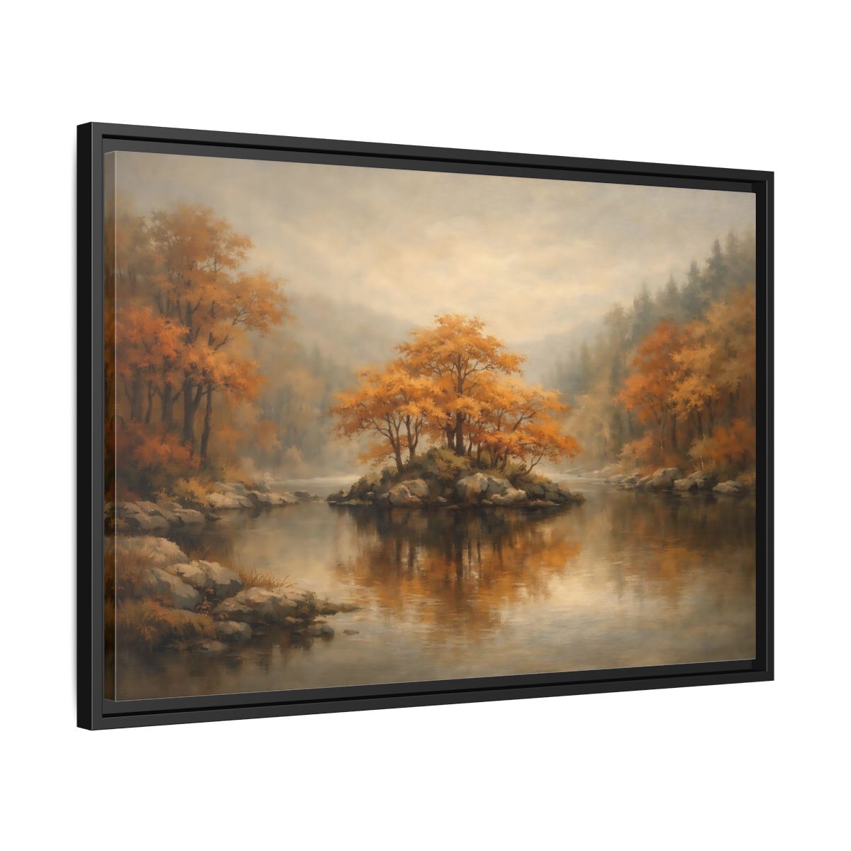 Side Mockup 14. Nature Autumn Island Orange Autumn Landscape shown as stretched canvas wall art