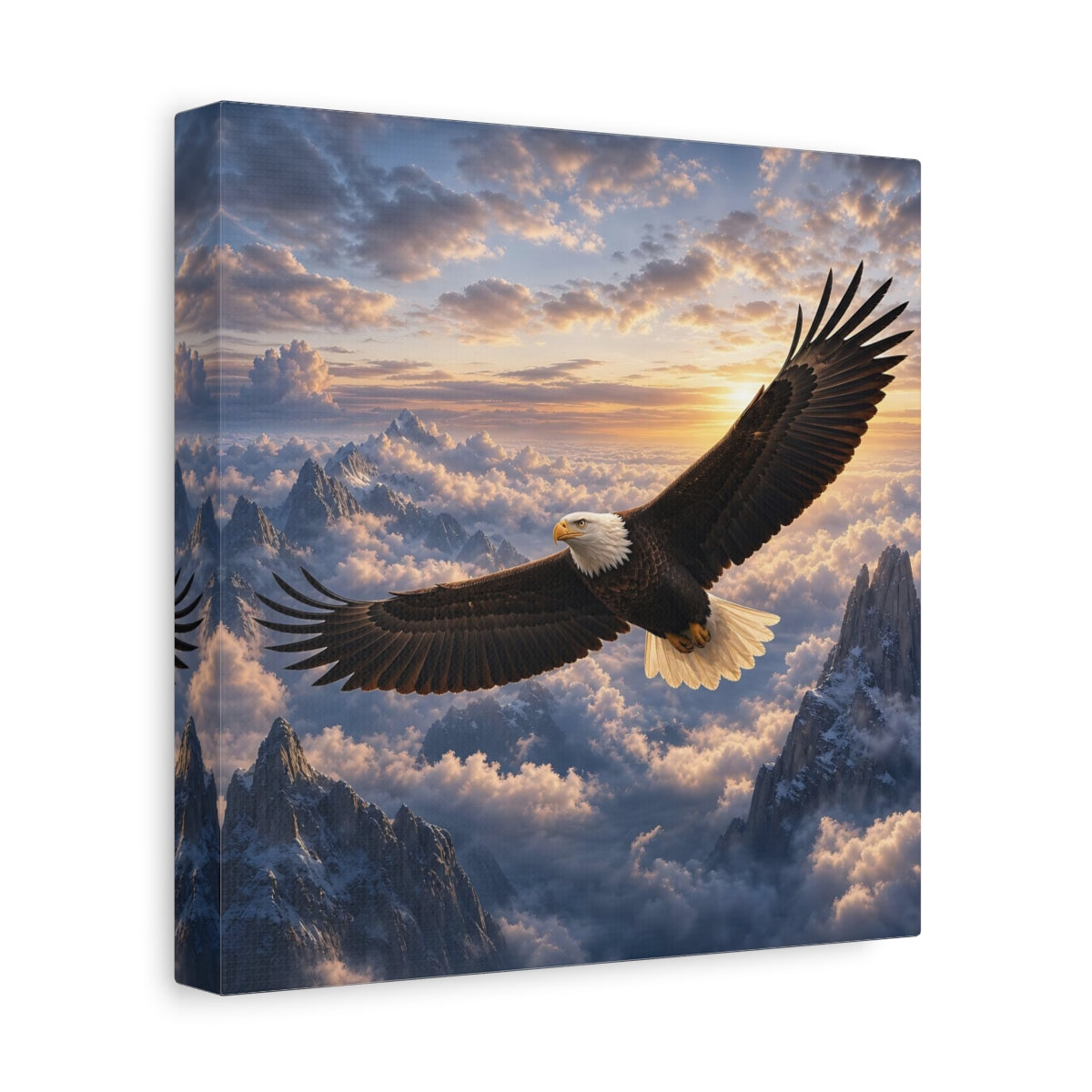 Side Mockup 9. Nature Bald Eagle Eagle Mountain Sunset shown as stretched canvas wall art