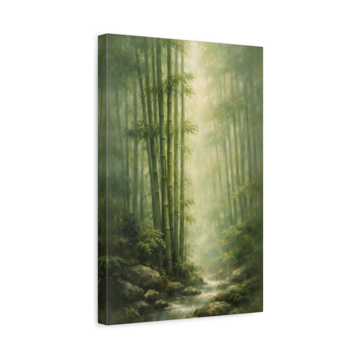 Side Mockup 4. Nature Bamboo Forest Green Bamboo Forest shown as stretched canvas wall art