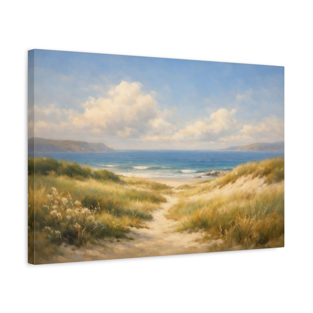 Side Mockup 3. Nature Beach Dunes Blue And Gold Beach shown as stretched canvas wall art