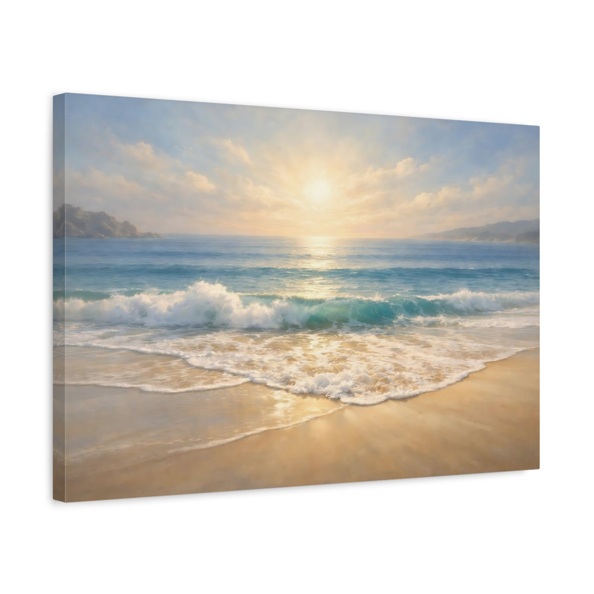 Side Mockup 3. Nature Beach Sunset Blue And Gold shown as stretched canvas wall art