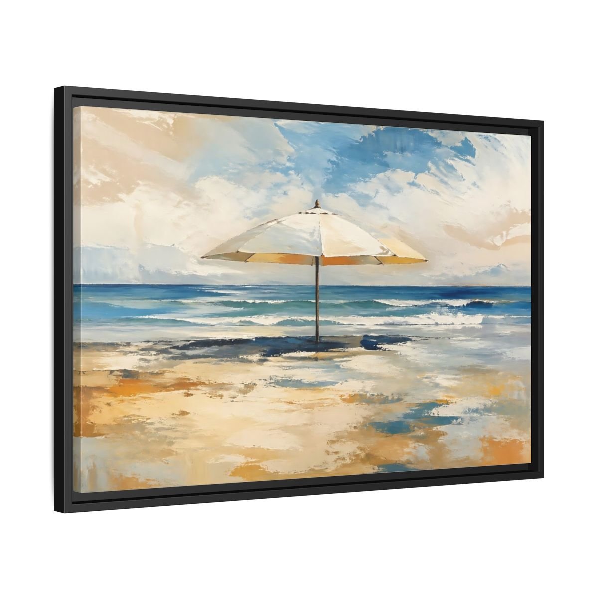 Nature Beach Umbrella Blue Framed Canvas Wall Art Print – impressionist Living Room, Above Fireplace - YesArtYes