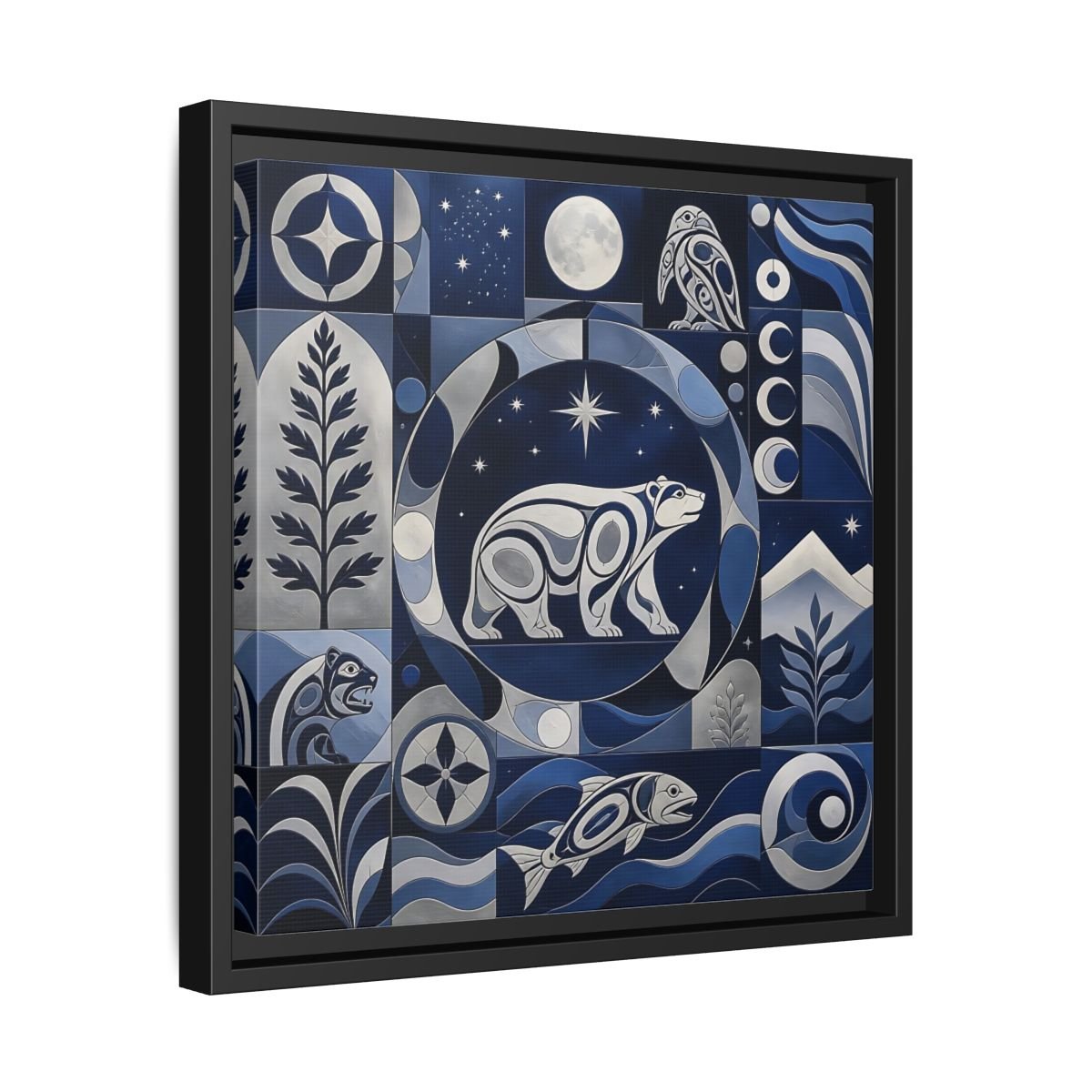 Nature Bear Blue And Silver Framed Canvas Print Wall Art – Living Room Decor, Above Fireplace - YesArtYes