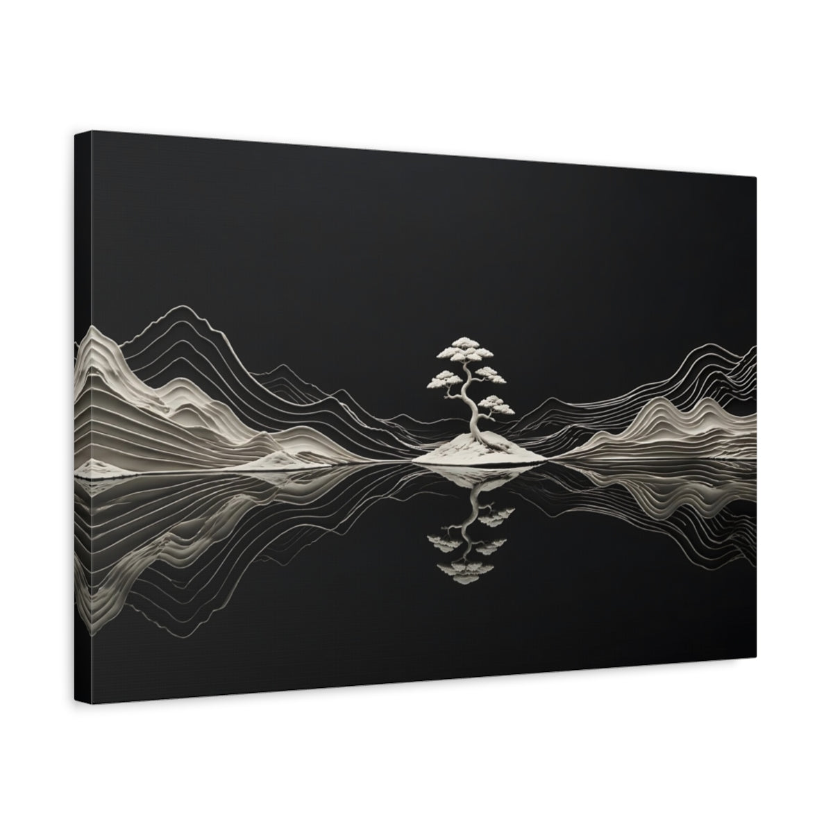 Side Mockup 3. Nature Bonsai Tree Black And White Nature shown as stretched canvas wall art