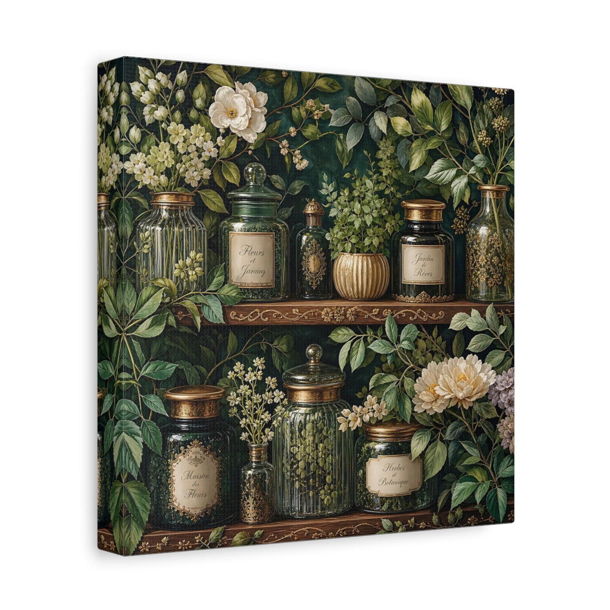 Side Mockup 9. Nature Botanical Jars Dark Green Botanical shown as stretched canvas wall art