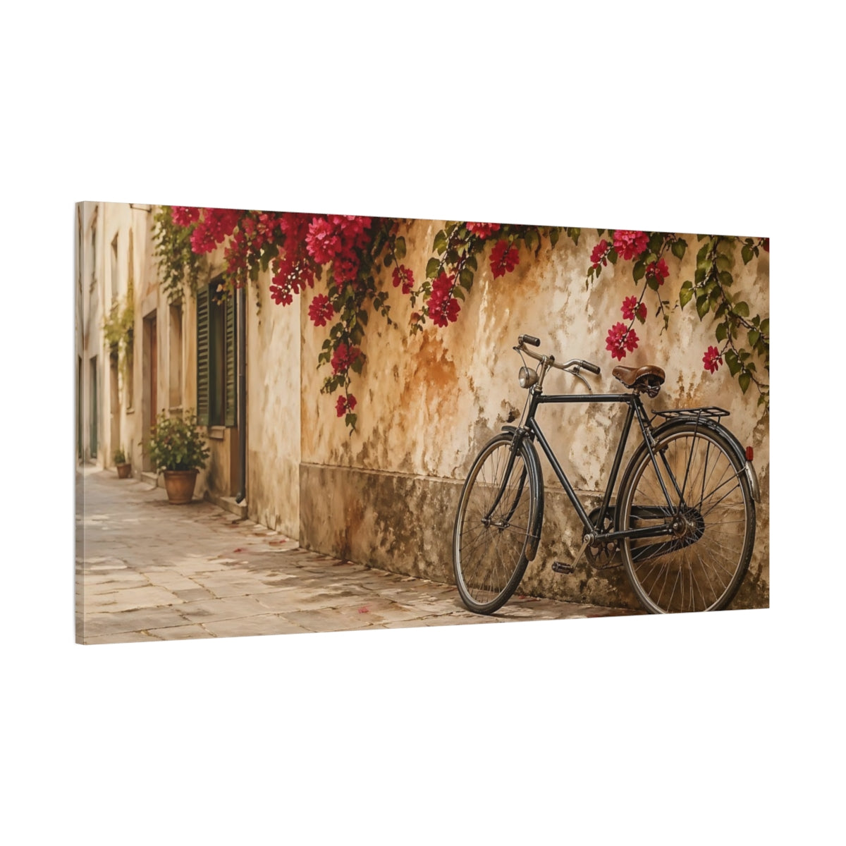 Side Mockup 2. Nature Bougainvillea, Bicycle Pink And Brown shown as stretched canvas wall art