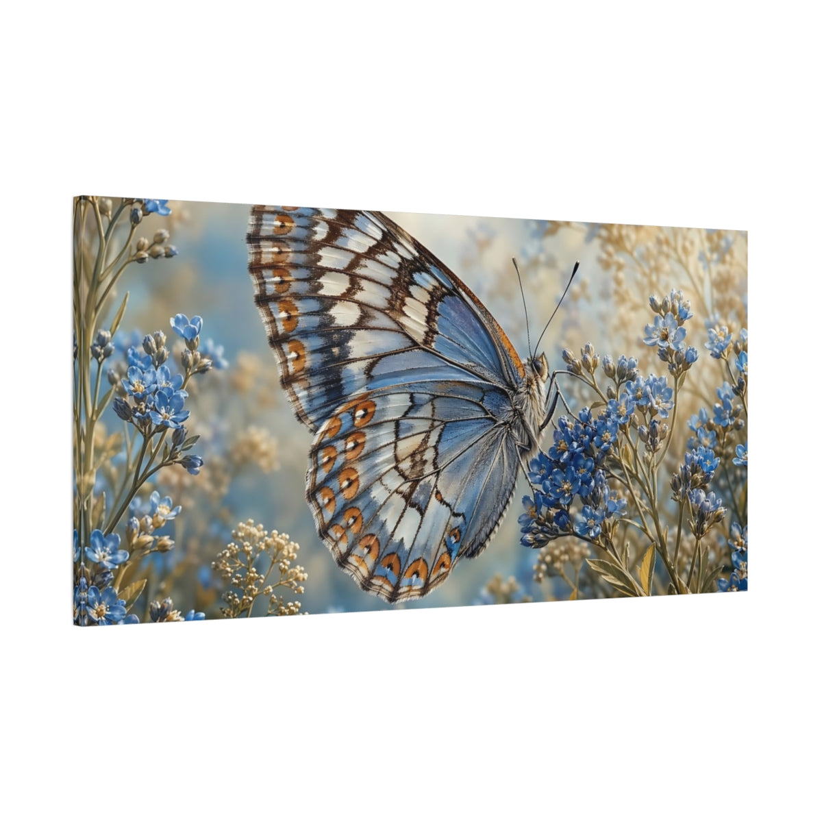Side Mockup 2. Nature Butterfly Blue Butterfly Floral shown as stretched canvas wall art