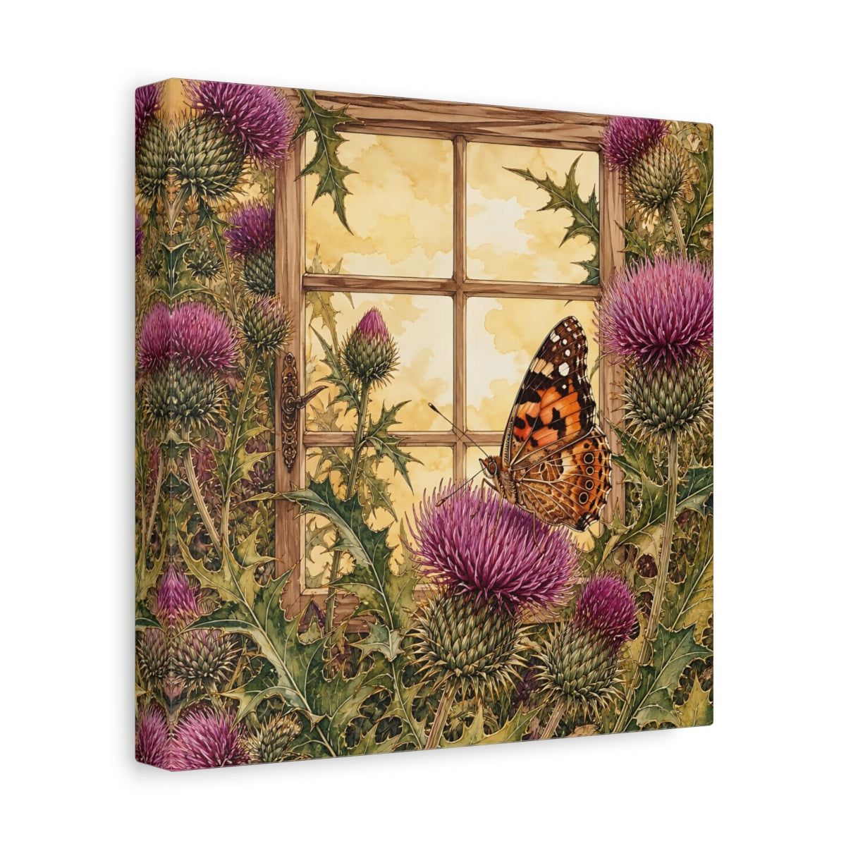 Side Mockup 9. Nature Butterfly Purple Thistle Butterfly shown as stretched canvas wall art