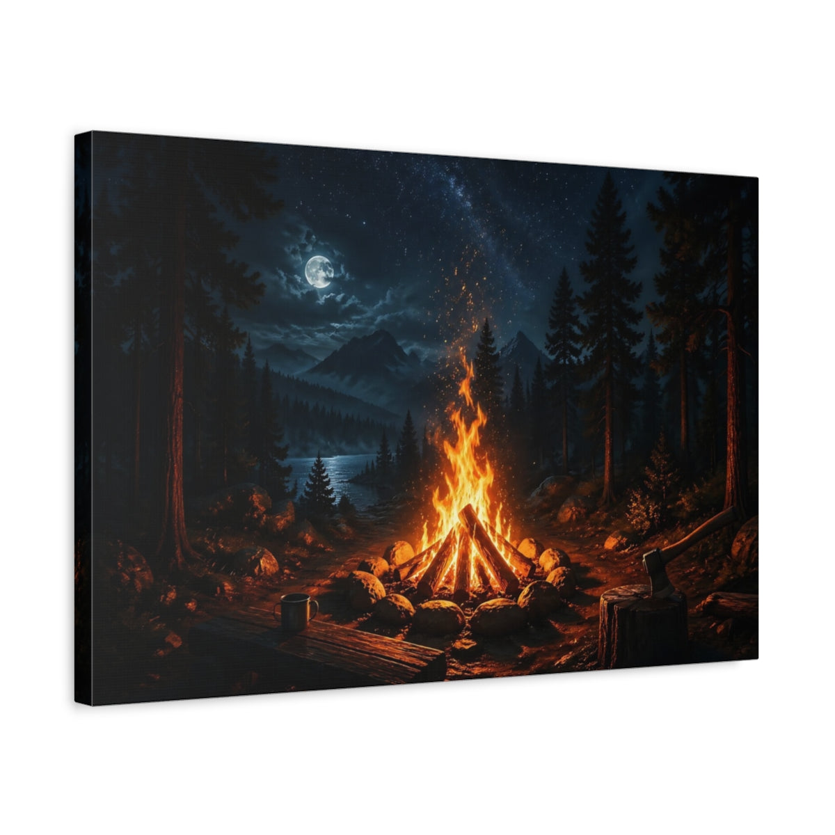 Side Mockup 3. Nature Campfire Night Campfire shown as stretched canvas wall art