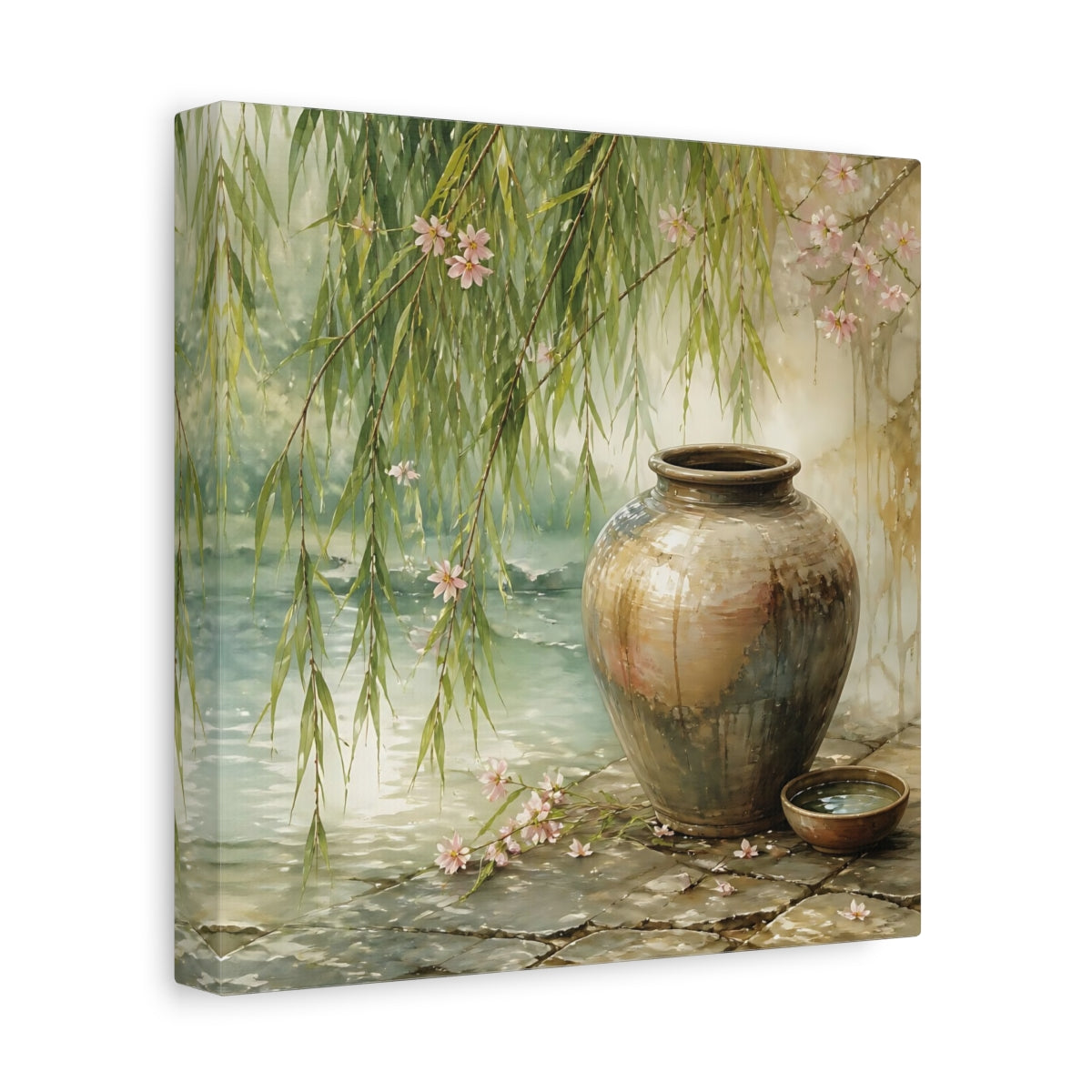 Side Mockup 9. Nature Ceramic Vase Tranquil Garden Scene shown as stretched canvas wall art
