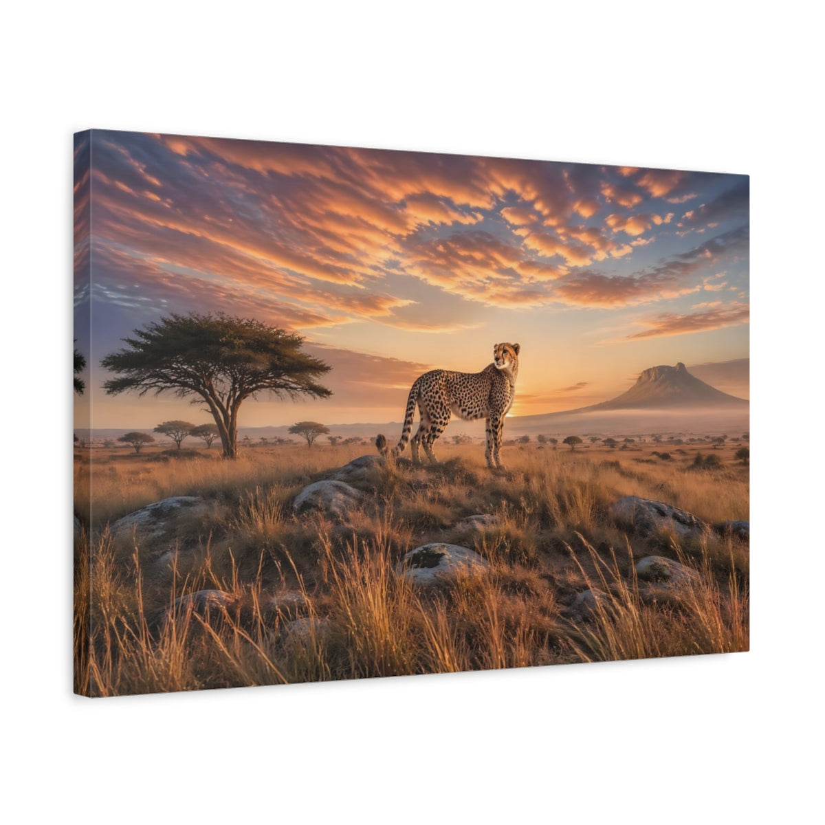 Side Mockup 3. Nature Cheetah Orange Sunset shown as stretched canvas wall art
