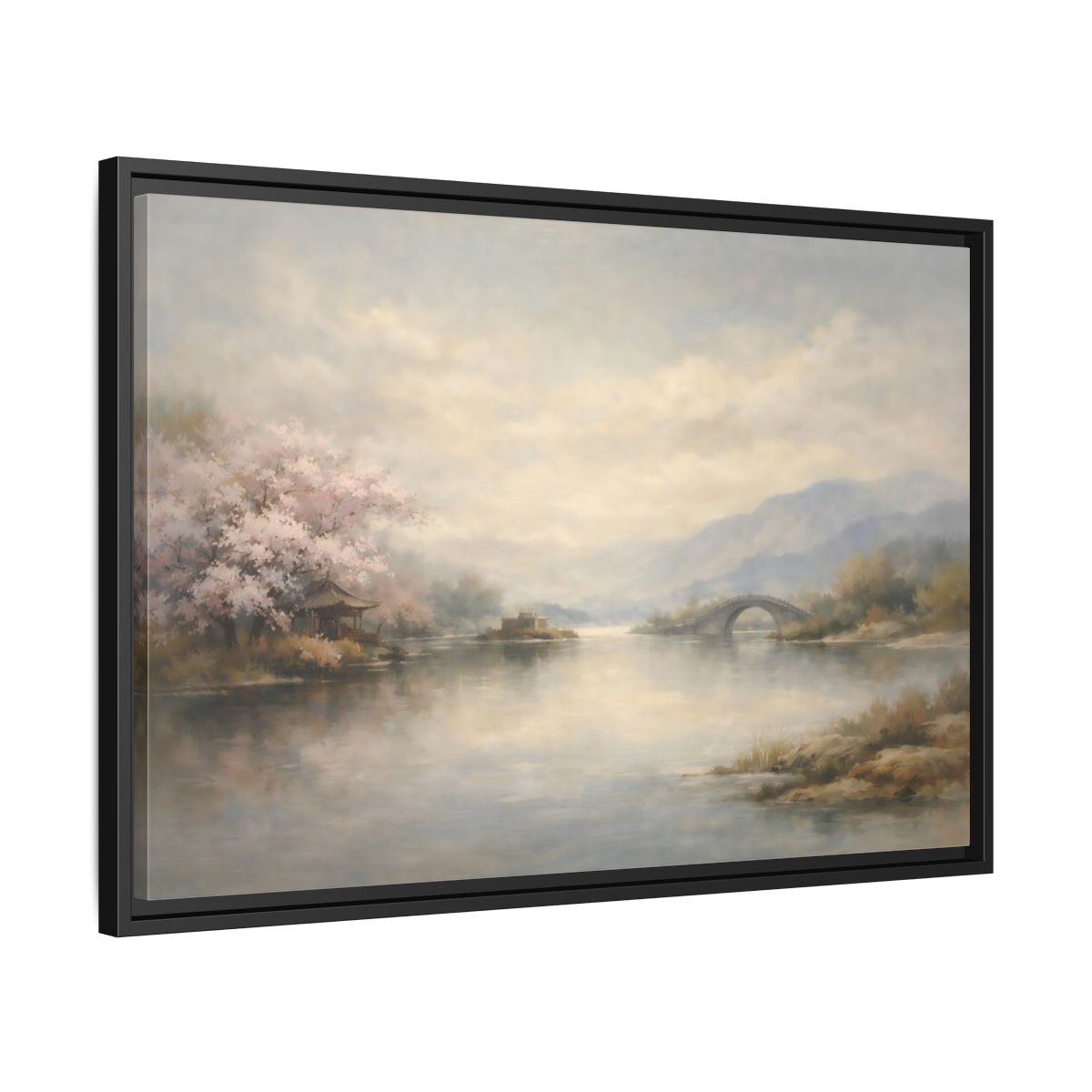 Side Mockup 14. Nature Cherry Blossoms Misty Lake Landscape shown as stretched canvas wall art