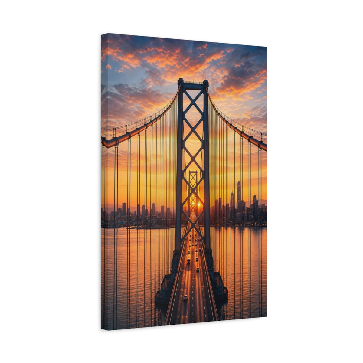 Side Mockup 3. Nature City Bridge Vibrant Orange shown as stretched canvas wall art