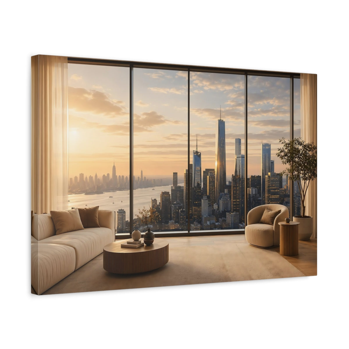 Side Mockup 3. Nature City Skyline Golden Cityscape shown as stretched canvas wall art