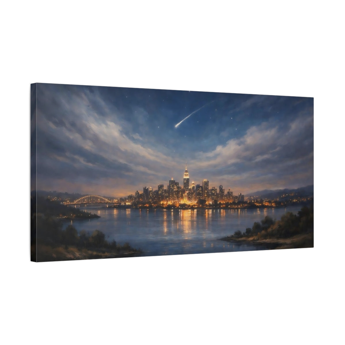 Side Mockup 2. Nature City Skyline Night Cityscape shown as stretched canvas wall art