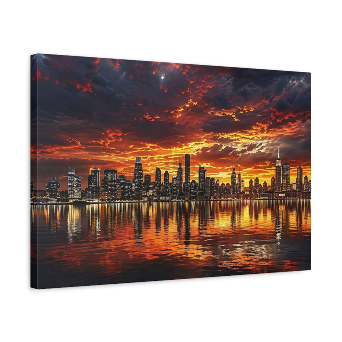 Side Mockup 3. Nature City Skyline Orange And Black shown as stretched canvas wall art