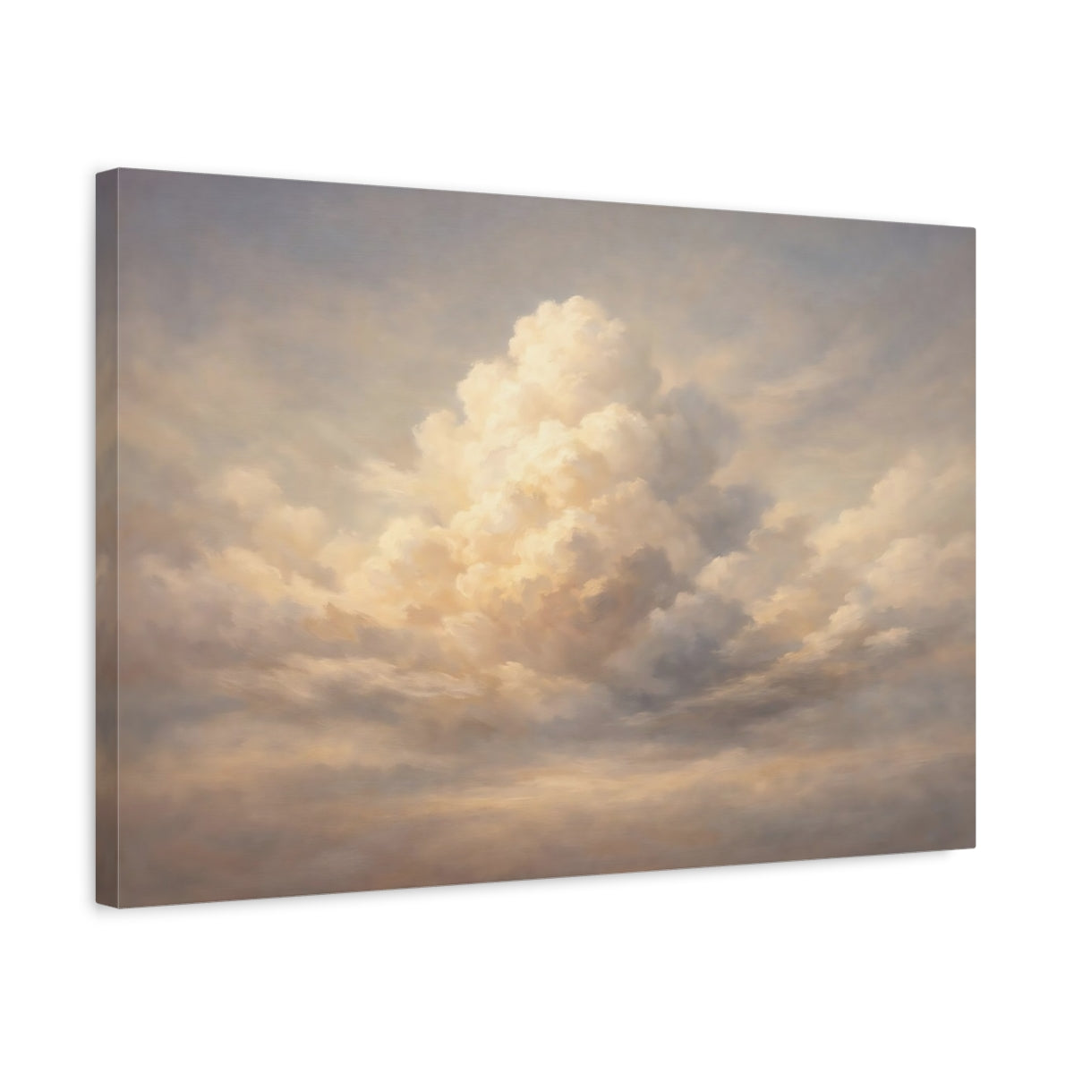 Side Mockup 3. Nature Clouds Soft Blue Gold shown as stretched canvas wall art