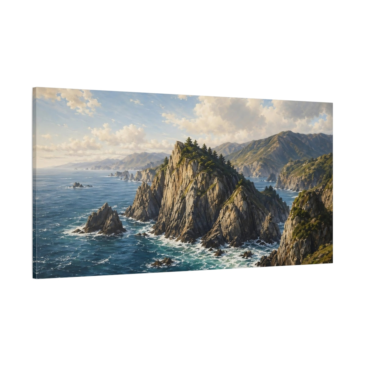 Side Mockup 2. Nature Coastal Landscape Blue Ocean shown as stretched canvas wall art