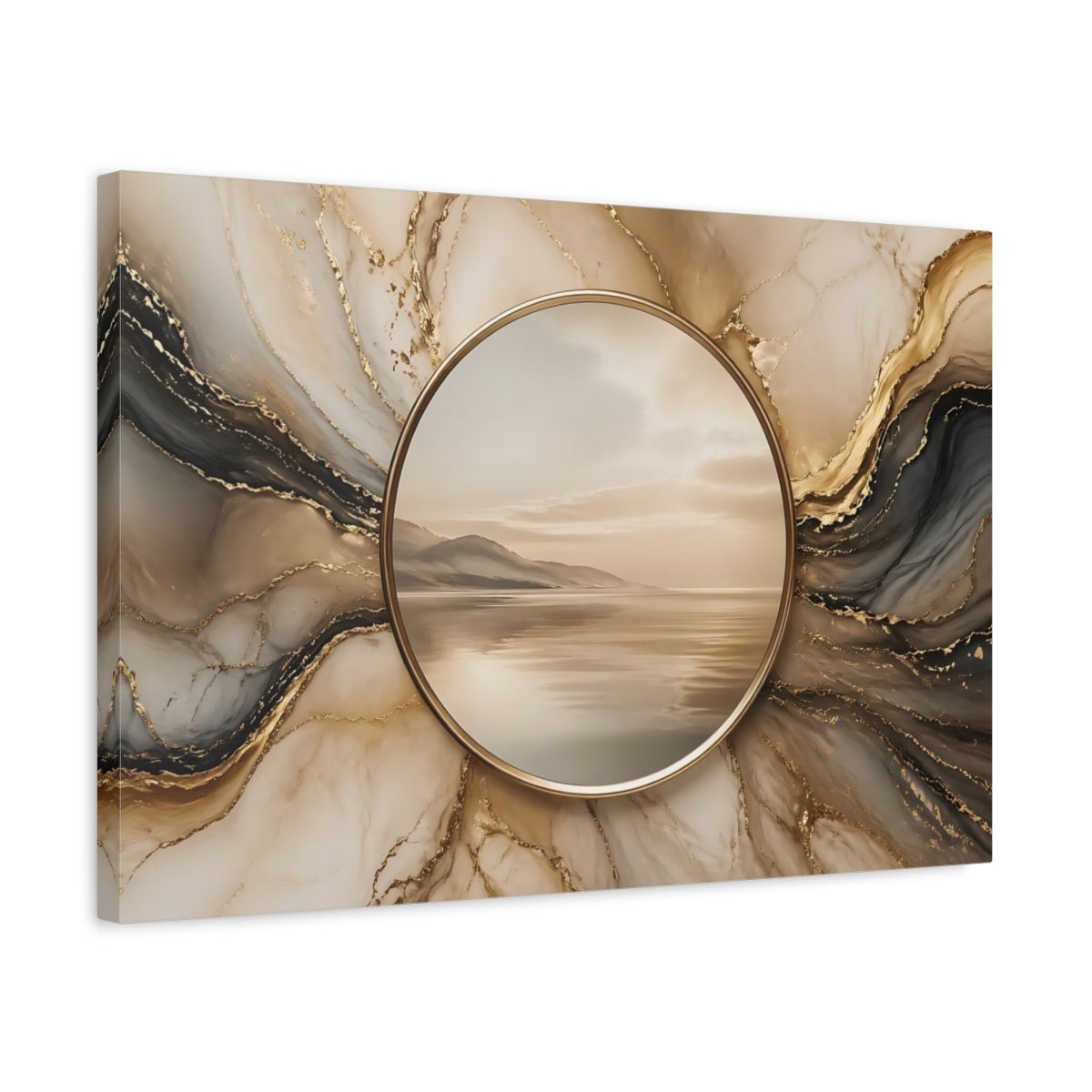 Side Mockup 3. Nature Coastal Landscape Gold And Marble shown as stretched canvas wall art