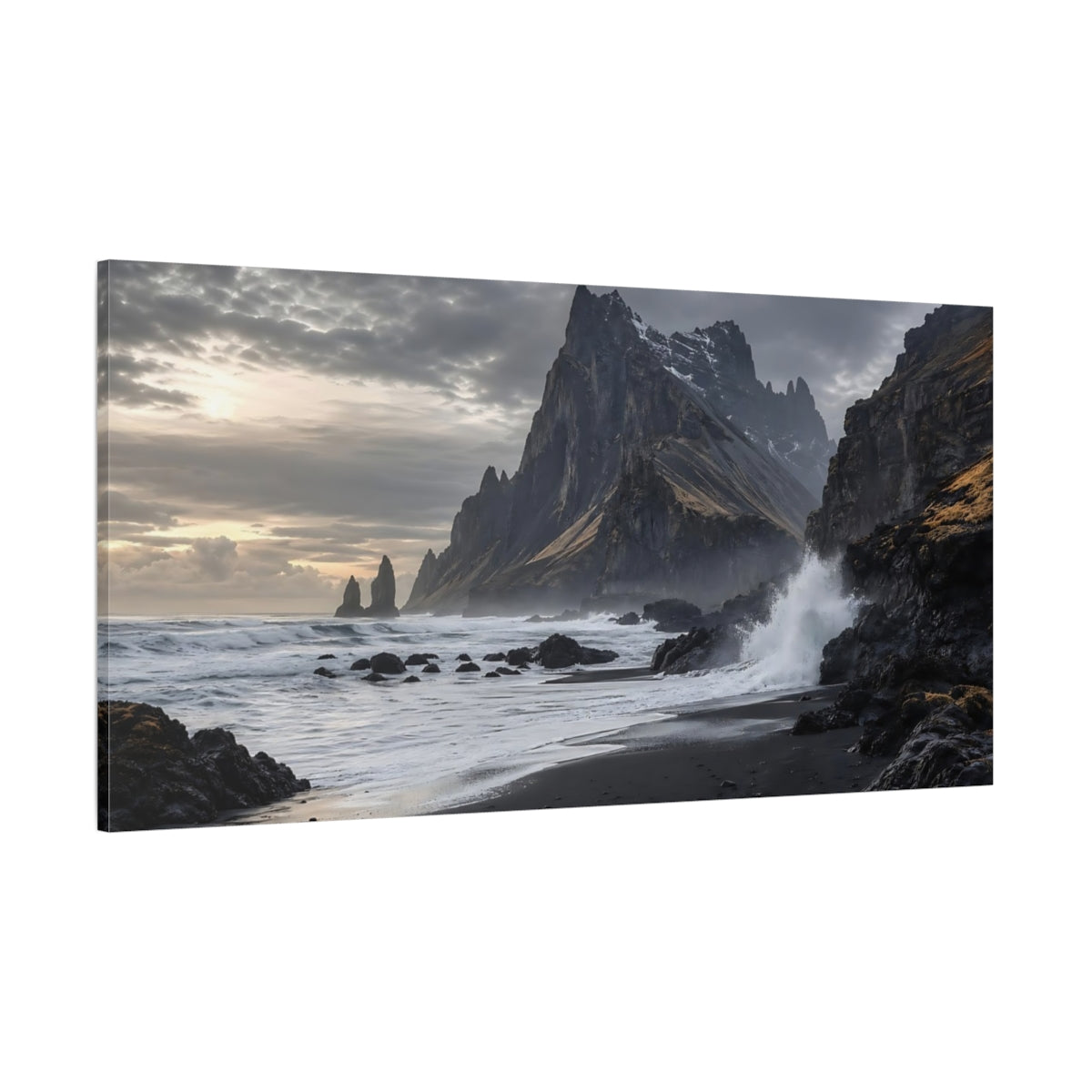 Side Mockup 2. Nature Coastal Mountain Gray And Black Coastal shown as stretched canvas wall art