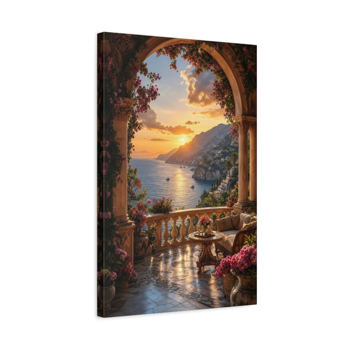 Side Mockup 3. Nature Coastal Sunset Orange And Blue Sunset shown as stretched canvas wall art