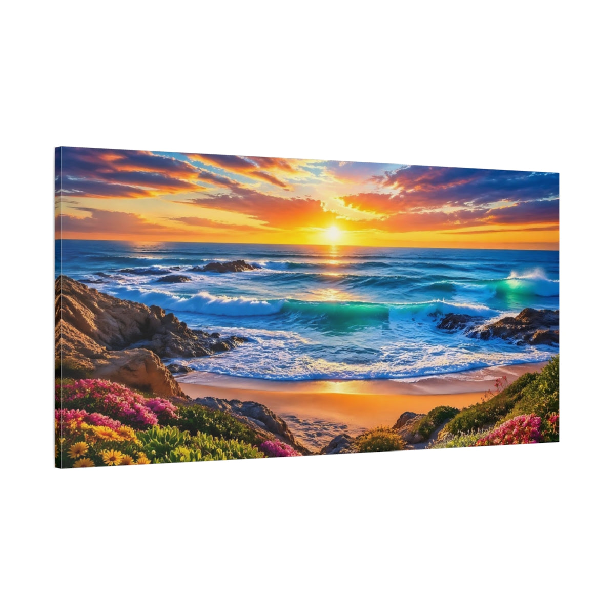 Side Mockup 2. Nature Coastal Sunset Vibrant Beach Sunset shown as stretched canvas wall art