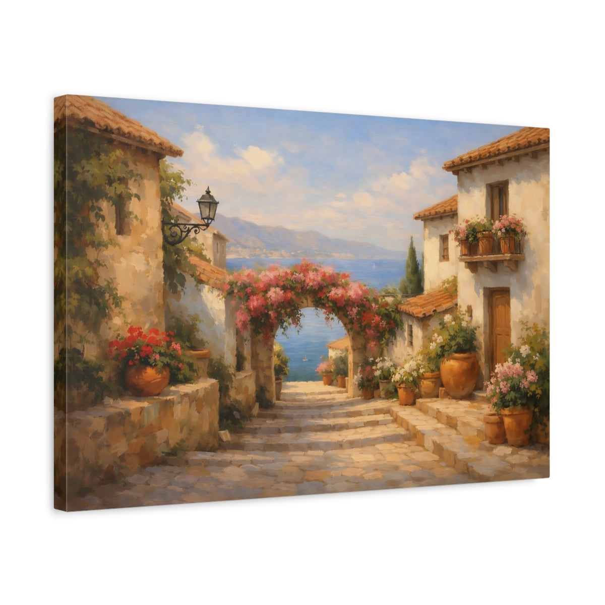 Side Mockup 3. Nature Coastal Village Mediterranean Village shown as stretched canvas wall art