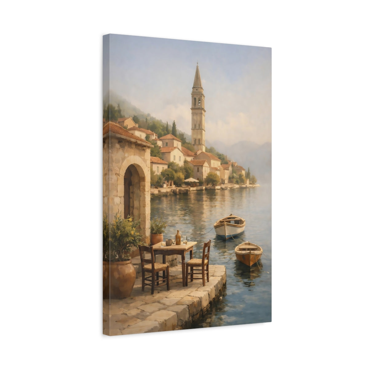 Side Mockup 3. Nature Coastal Village Coastal Village Scene shown as stretched canvas wall art