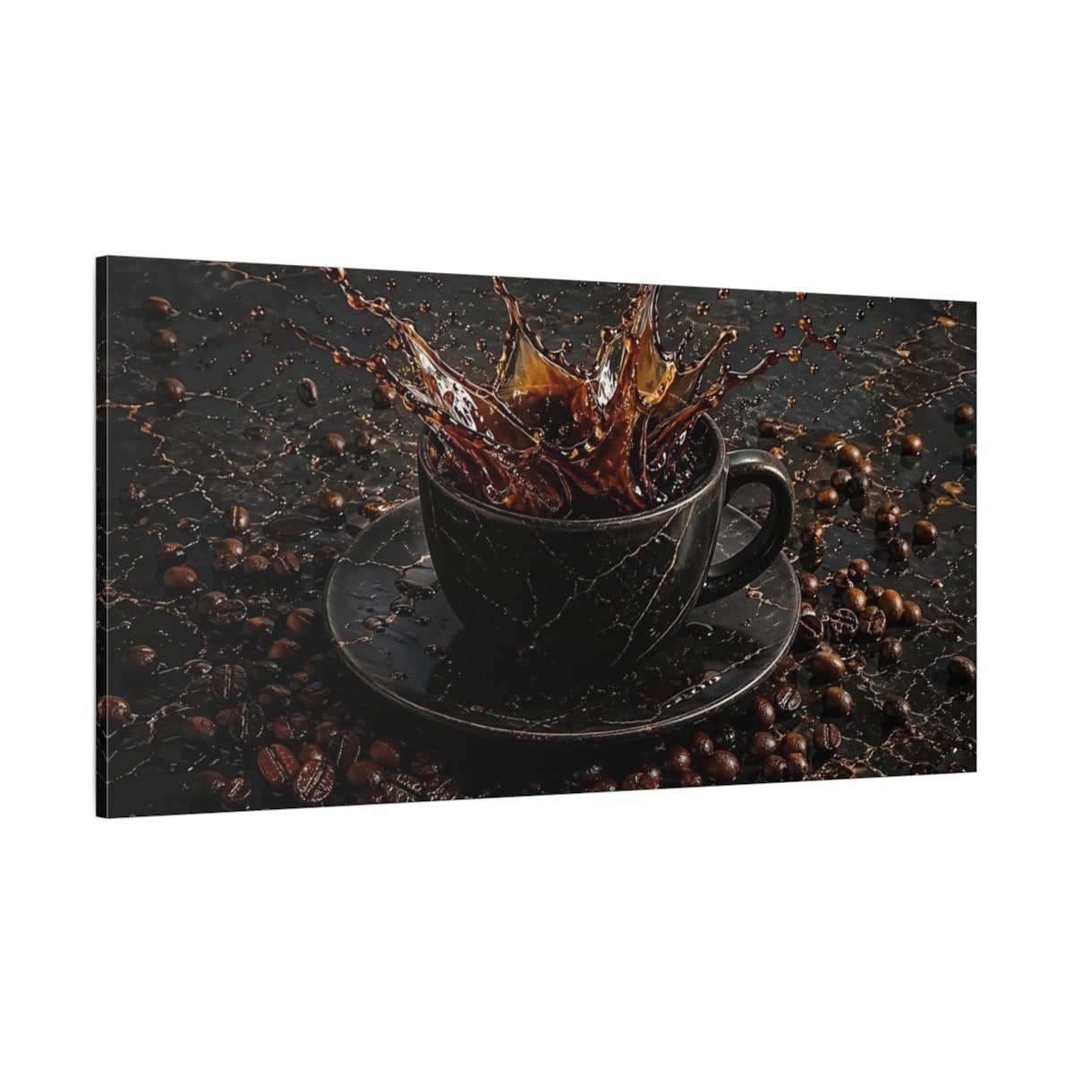 Side Mockup 2. Nature Coffee Splash Brown And Black shown as stretched canvas wall art