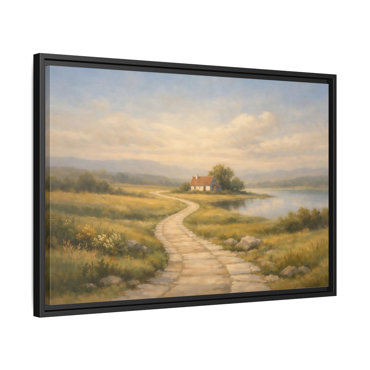 Side Mockup 14. Nature Cottage Peaceful Countryside shown as stretched canvas wall art