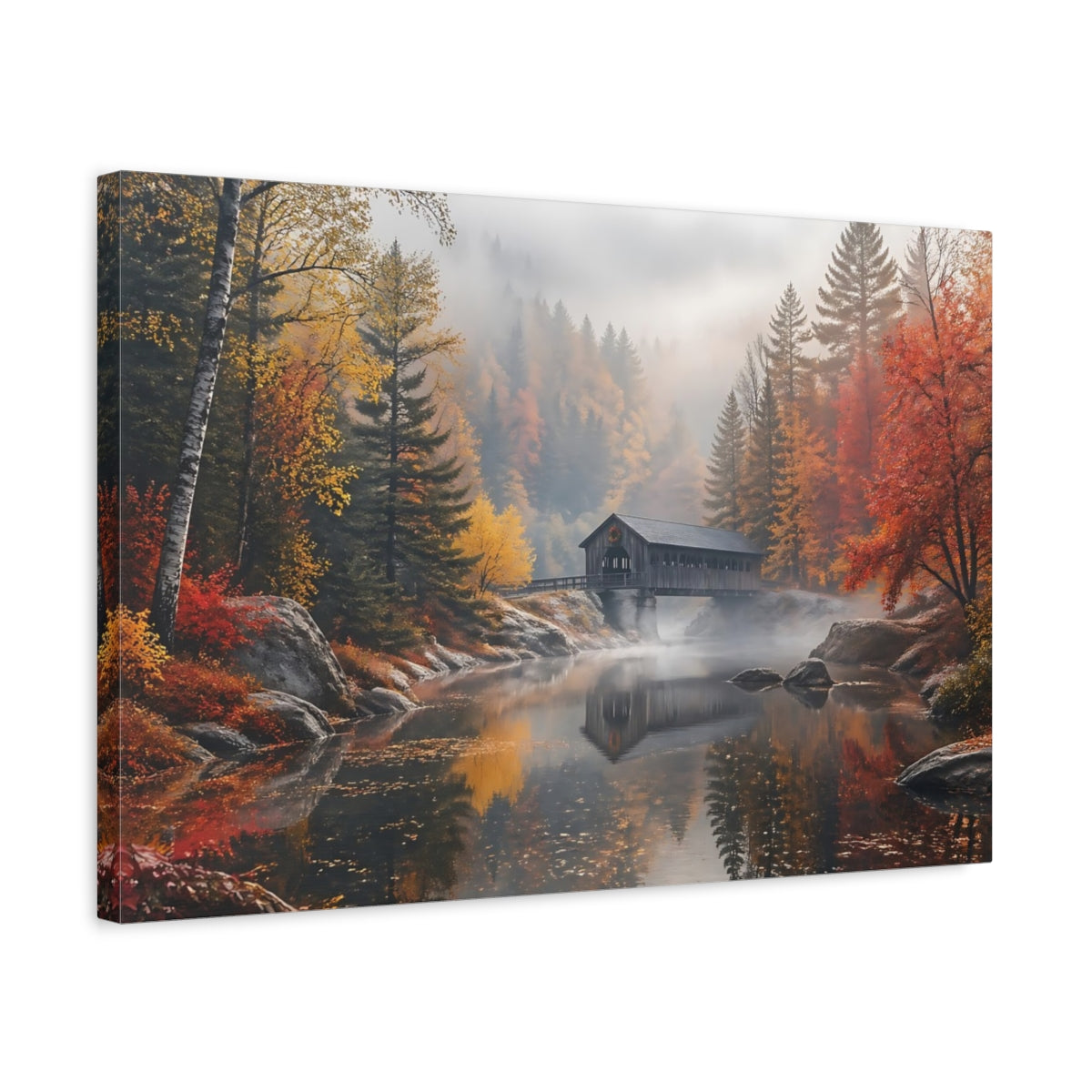 Side Mockup 3. Nature Covered Bridge Autumn Landscape shown as stretched canvas wall art