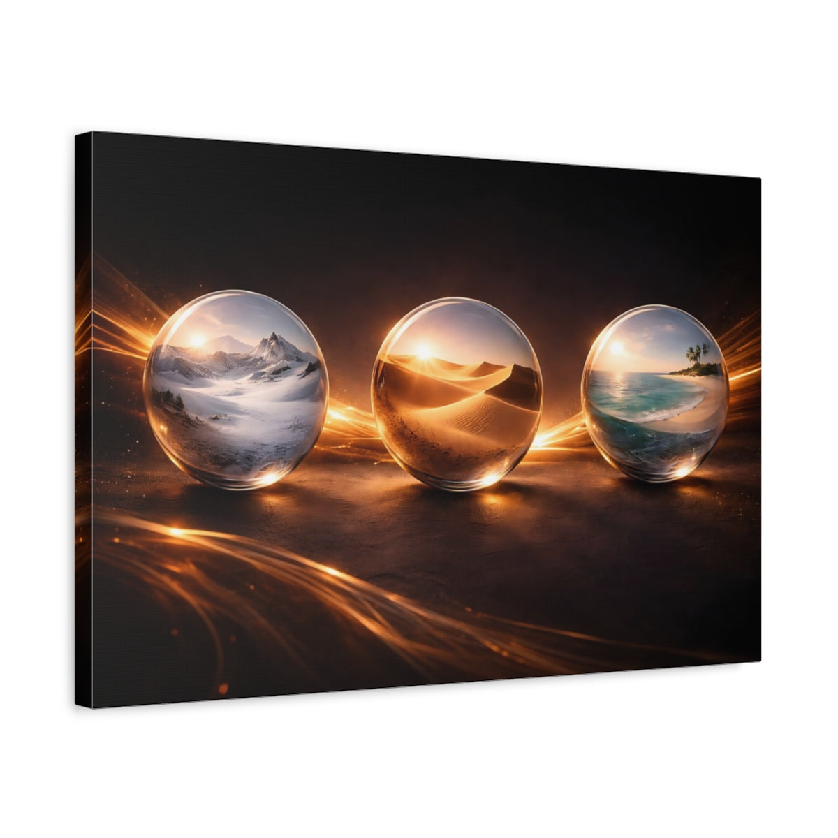 Side Mockup 3. Nature Crystal Orbs Golden Orbs shown as stretched canvas wall art