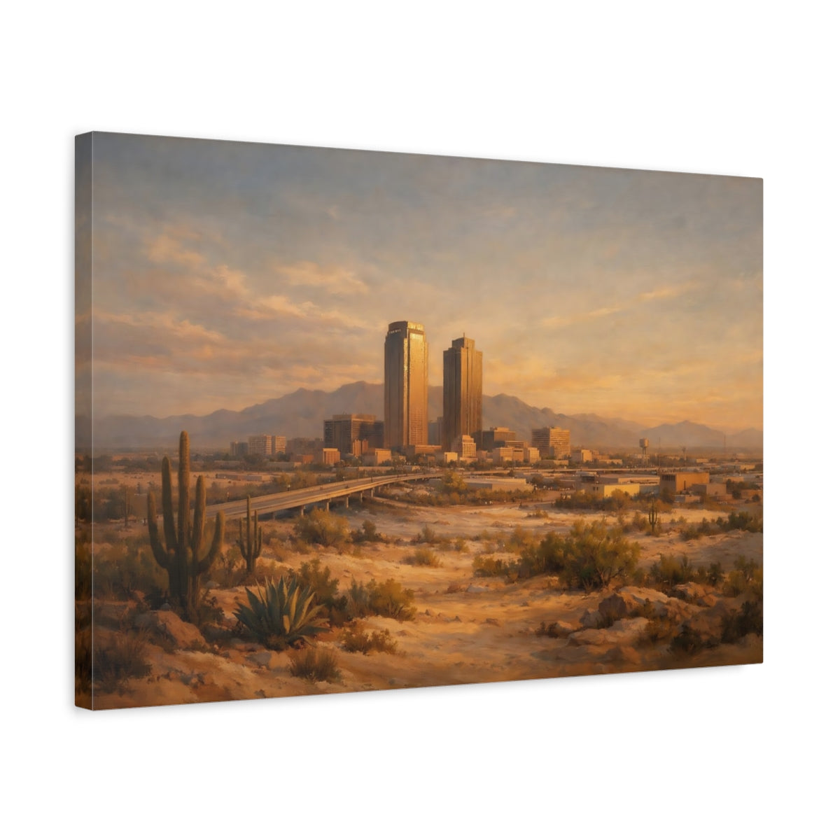 Side Mockup 3. Nature Desert City Warm Desert City shown as stretched canvas wall art
