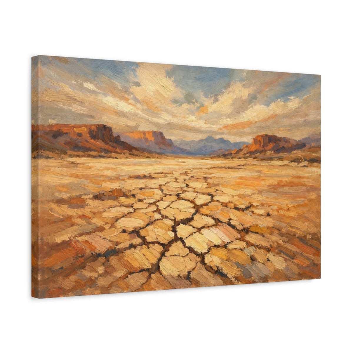 Side Mockup 3. Nature Desert Landscape Brown And Gold shown as stretched canvas wall art