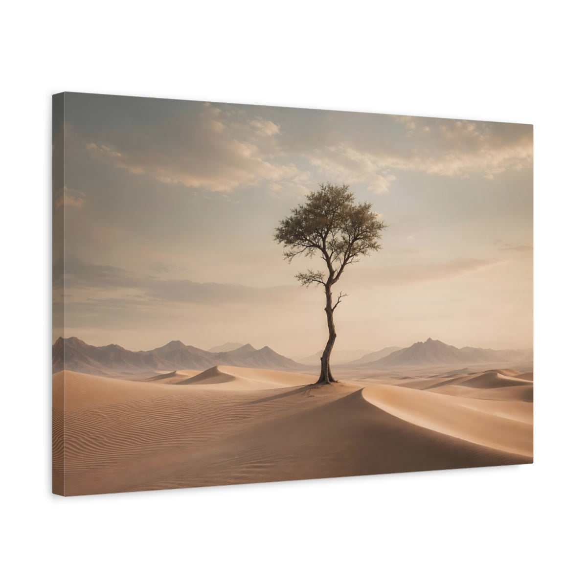 Side Mockup 3. Nature Desert Tree Brown And Beige shown as stretched canvas wall art