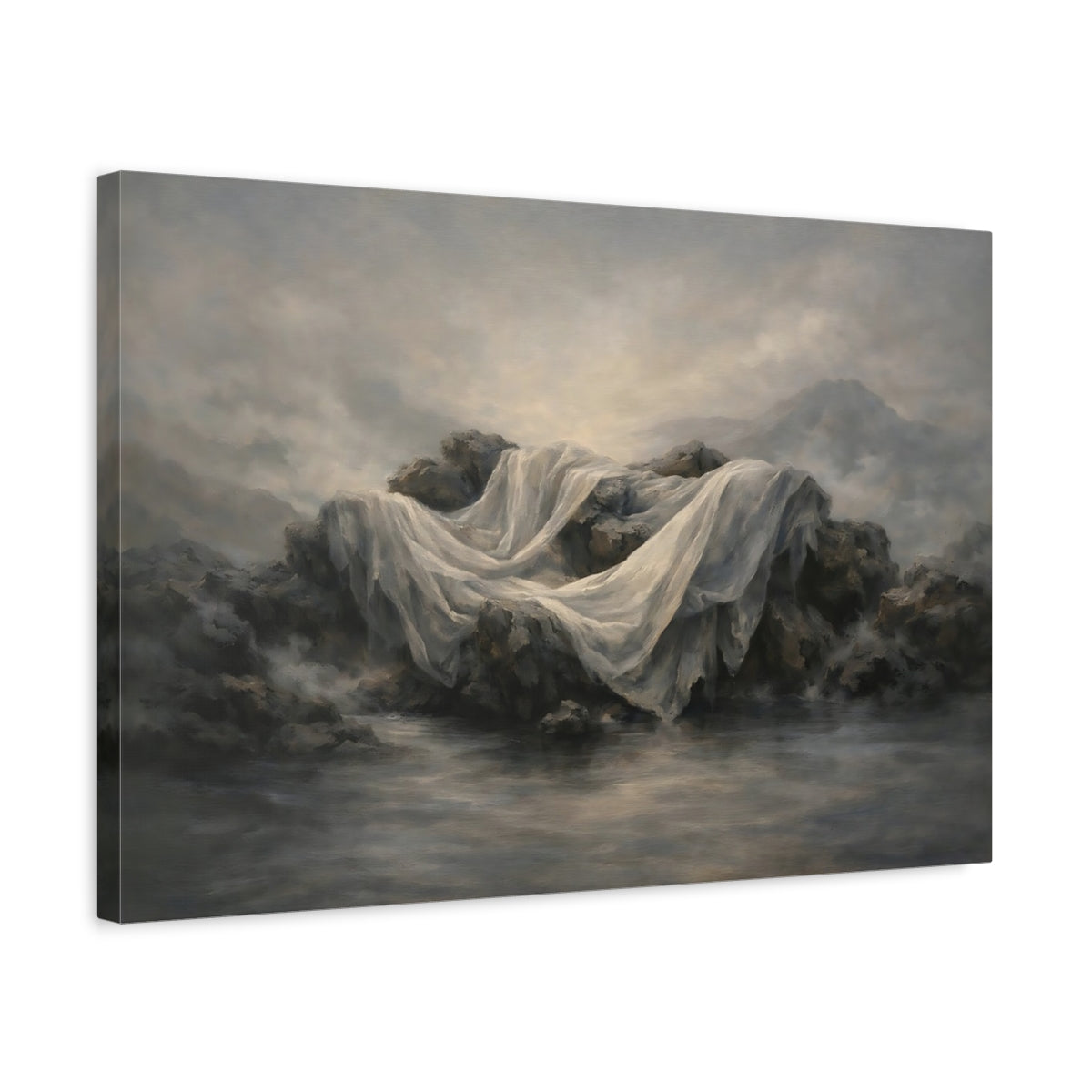 Side Mockup 3. Nature Draped Fabric Misty Grey Landscape shown as stretched canvas wall art