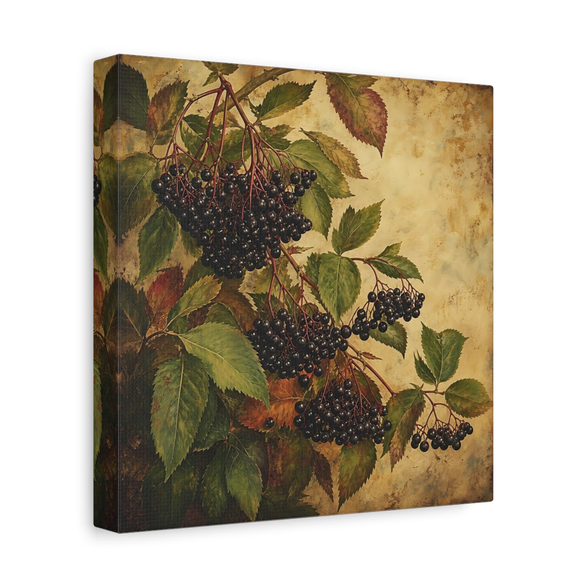 Side Mockup 9. Nature Elderberries Black And Green shown as stretched canvas wall art
