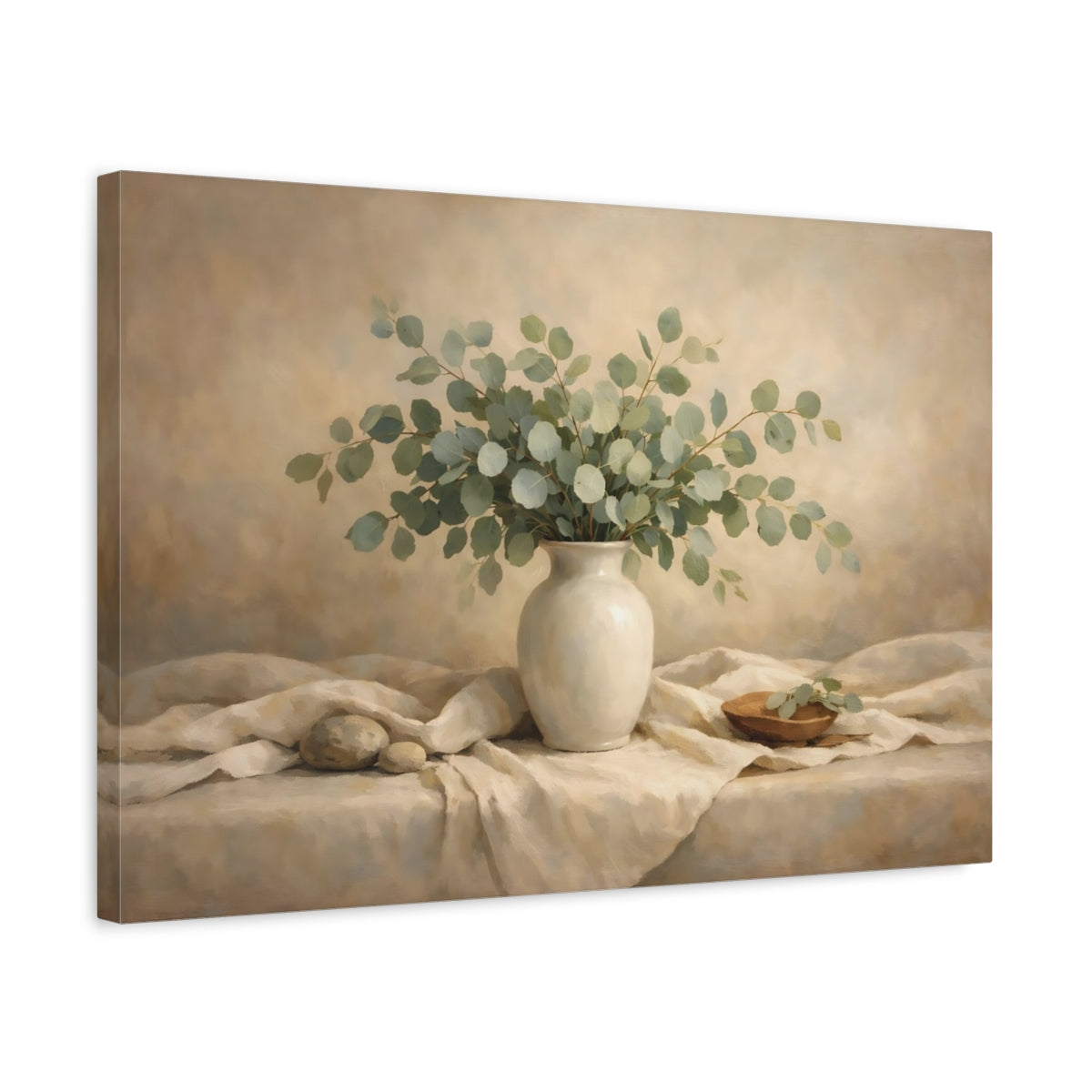 Side Mockup 3. Nature Eucalyptus Green And Beige Still Life shown as stretched canvas wall art